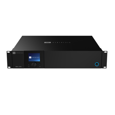 Amplificator JBL Synthesis SMA-4750 vazut din fata, cu ecran color, buton rotativ si urechi de rack