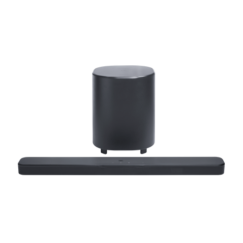 Soundbarul JBL Bar 500MK2 negru și subwooferul wireless, din față