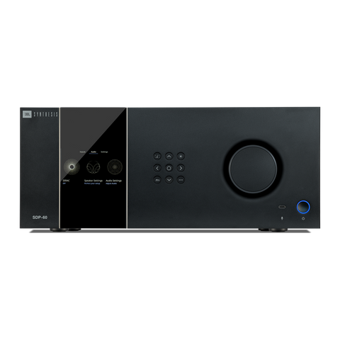 Procesorul JBL Synthesis SDP-60, panou frontal negru cu ecran care afiseaza meniul audio si buton rotativ de volum