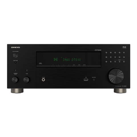 Receiver AV Onkyo TX-RZ30 negru, panoul frontal cu afisaj si buton de volum
