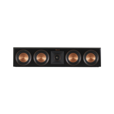 Klipsch RP-404C in finisaj Ebony, vazut din fata fara grila: patru woofere cu con de cupru pe un rand orizontal, cu hornul Tractrix si tweeterul intre ele