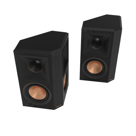 Perechea Klipsch RP-502S II in finisaj Ebony, fara grile, cu cele doua fete inclinate vizibile