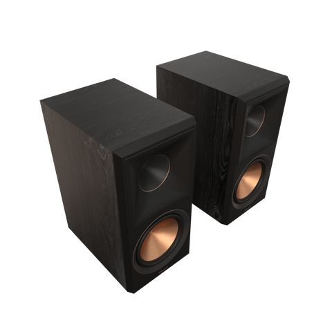 Perechea de boxe de raft Klipsch RP-600M II in finisaj Ebony, fara grile, cu tweeterul in horn deasupra wooferului Cerametallic cupru