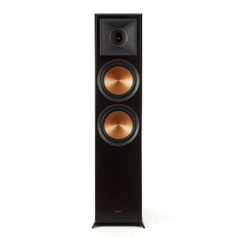 Klipsch RP-8060FA in finisaj Ebony, vedere frontala, cu tweeterul pe horn Tractrix deasupra celor doua woofere Cerametallic de 8 inch