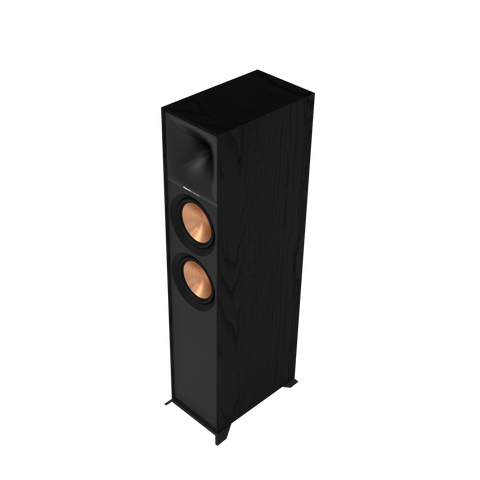 Boxa de podea Klipsch R-600F in finisaj negru, fara grila, cu hornul Tractrix si tweeterul in partea de sus si cele doua woofere spun-copper dedesubt