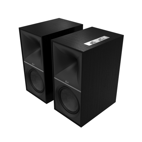Boxe active Klipsch The Nines in finisaj negru mat, fara masti, cu cornul Tractrix si wooferul vizibile