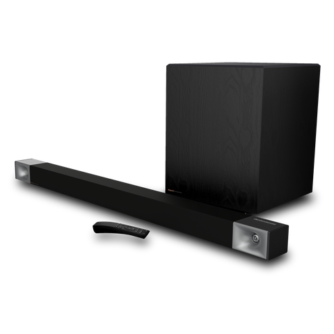 Soundbar Klipsch Cinema 800 cu subwoofer wireless si telecomanda, vedere in trei sferturi