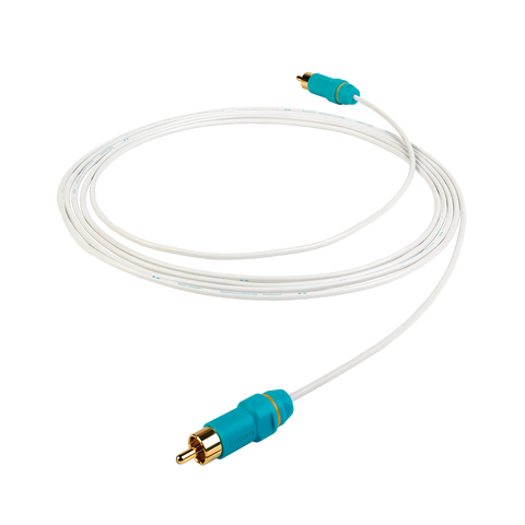 Chord Company C-sub, cablu pentru subwoofer alb cu mufe RCA turcoaz, vedere de ansamblu