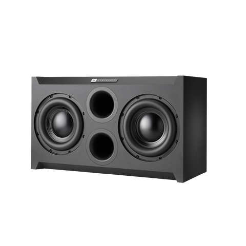 Subwoofer JBL Synthesis SSW-2 în poziție orizontală, fără grilă, cu cele două difuzoare de 300 mm și porturile frontale între ele