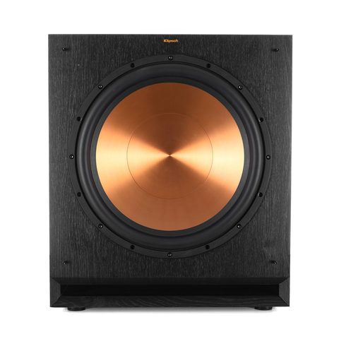 Subwooferul Klipsch SPL-150 vazut din fata, fara grila, cu difuzorul de 15 inchi finisat cupru si portul frontal in fanta