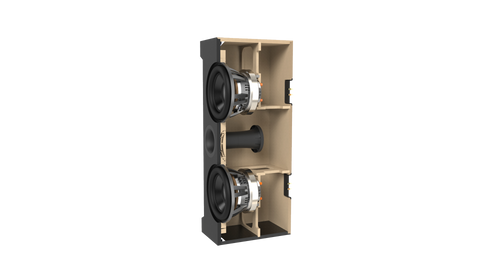 Sectiune prin subwooferul JBL Synthesis SSW-1, cu consolidarile interne, cele doua woofere in camere separate si portul Slipstream