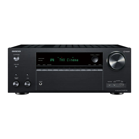 Receiver AV Onkyo TX-NR7100 negru, vedere frontala, cu afisajul aprins