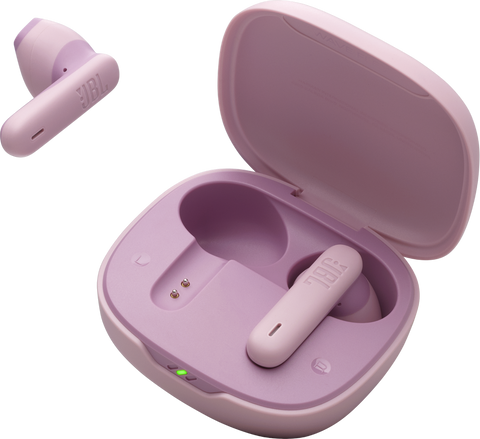 Căști JBL Wave Flex 2 (roz): carcasa de încărcare deschisă, cu o cască alături