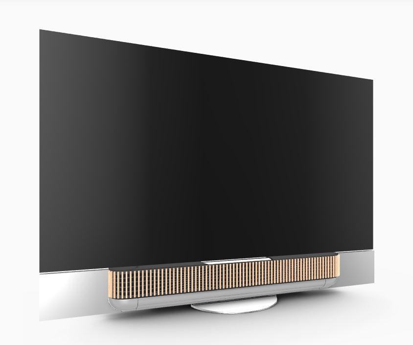 Beovision Theatre 77 inch Table Stand în finisaj Silver / Grey Melange, pe fundal neutru.