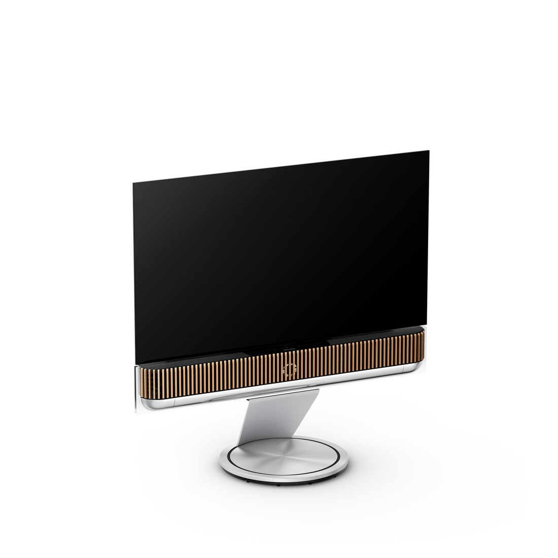 Beovision Theatre 55 inch Motorised Floor Stand în finisaj Black Anthracite / Dark Oak, pe fundal neutru.