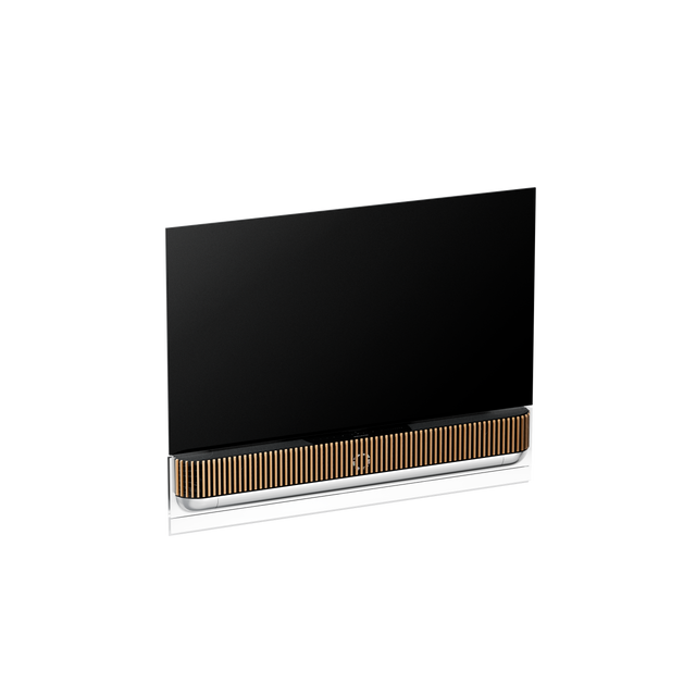 Beovision Theatre 55 inch Motorised Wall Mount în finisaj Black Anthracite / Dark Oak, pe fundal neutru.