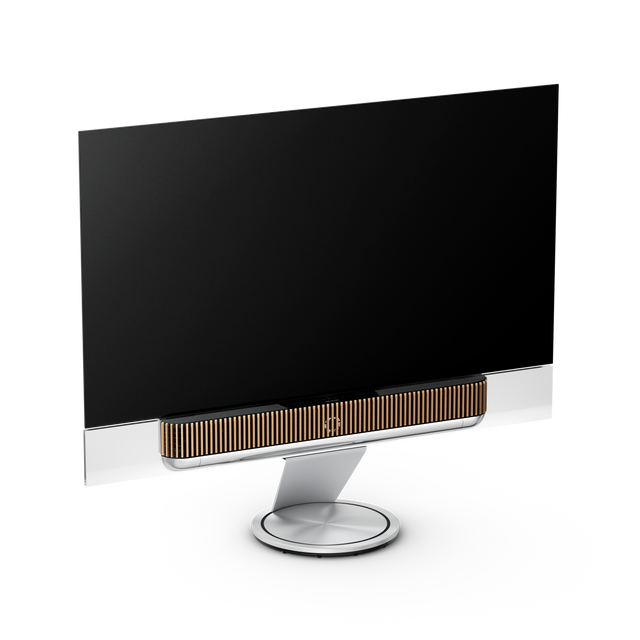 Beovision Theatre 77 inch Motorised Floor Stand în finisaj Silver / Grey Melange, pe fundal neutru.