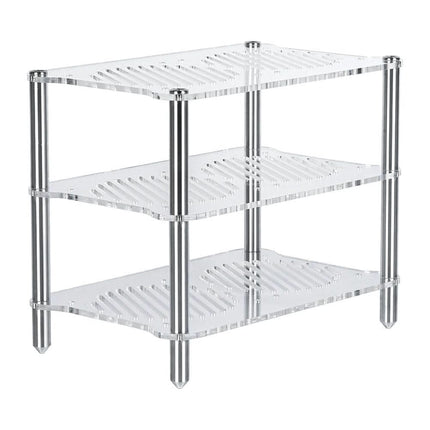Rackul acrilic Fosi Audio cu trei niveluri, cu panoul frontal, comenzile și carcasa vizibile