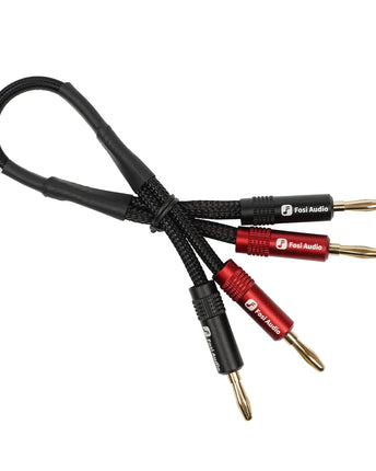 Fosi Audio 14AWG, tip banana plug văzut din spate și de sus, cu intrările și ieșirile vizibile
