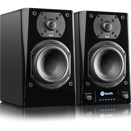 SVS Prime Wireless Pro, finisaj Piano Gloss Black, perechea fără grile, cu driverele și display-ul frontal vizibile
