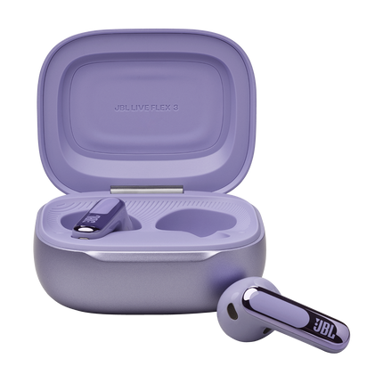 Căști in-ear JBL Live Flex 3, culoarea violet (Purple), carcasa deschisă, cu o cască alături