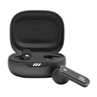 Căști in-ear JBL Live Flex, culoarea negru, carcasa deschisă, cu o cască alături