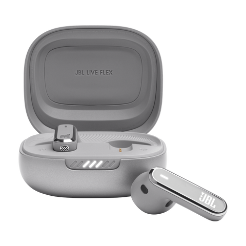 Căști in-ear JBL Live Flex, culoarea argintiu, carcasa deschisă, cu o cască alături