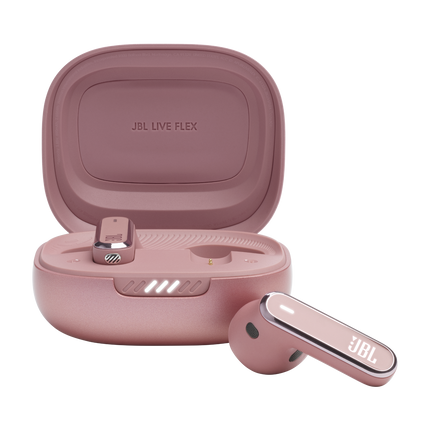 Căști in-ear JBL Live Flex, culoarea roz (Rose), carcasa deschisă, cu o cască alături