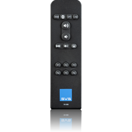 Telecomanda SVS Prime Wireless Pro Soundbase, văzută din față, cu butoanele de sursă, volum și presetări