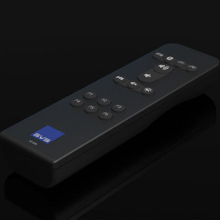 Telecomanda SVS Prime Wireless Pro Soundbase, văzută în perspectivă pe fundal negru