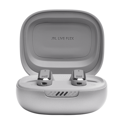 Căști in-ear JBL Live Flex, culoarea argintiu, cu carcasa de încărcare deschisă