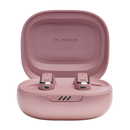 Căști in-ear JBL Live Flex, culoarea roz (Rose), cu carcasa de încărcare deschisă