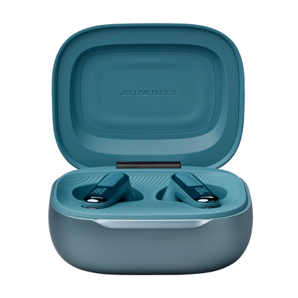 Căști in-ear JBL Live Flex 3, culoarea albastru, cu carcasa de încărcare deschisă