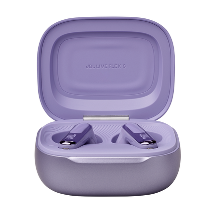 Căști in-ear JBL Live Flex 3, culoarea violet (Purple), cu carcasa de încărcare deschisă