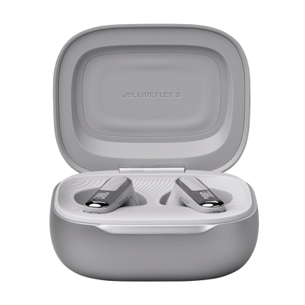 Căști in-ear JBL Live Flex 3, culoarea argintiu, cu carcasa de încărcare deschisă