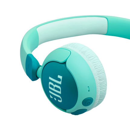 Căști wireless pentru copii JBL Junior 320BT verzi, detaliu cu cupa și perna