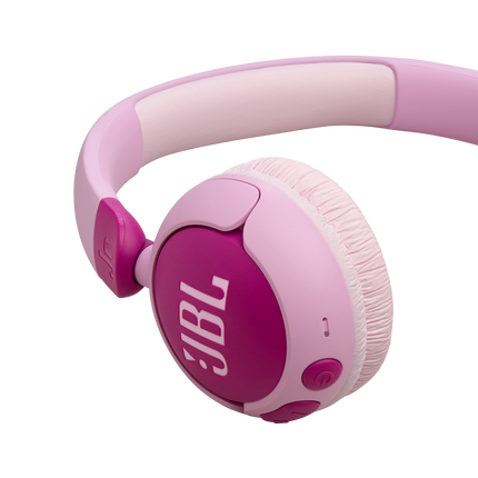 Căști wireless pentru copii JBL Junior 320BT violet, detaliu cu cupa și perna