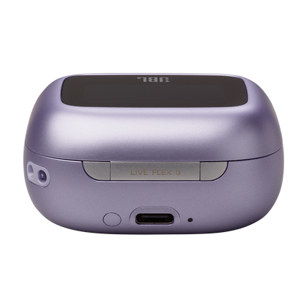 Căști in-ear JBL Live Flex 3, culoarea violet (Purple), carcasa văzută din spate, cu portul USB-C