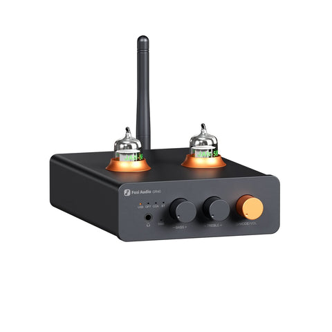 Amplificatorul cu DAC Fosi Audio GR40, cu două tuburi, antenă și buton de volum portocaliu