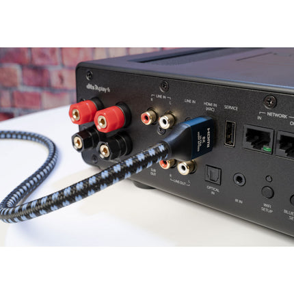 SVS Prime Wireless Pro Soundbase, prim-plan cu bornele de boxă și un cablu conectat