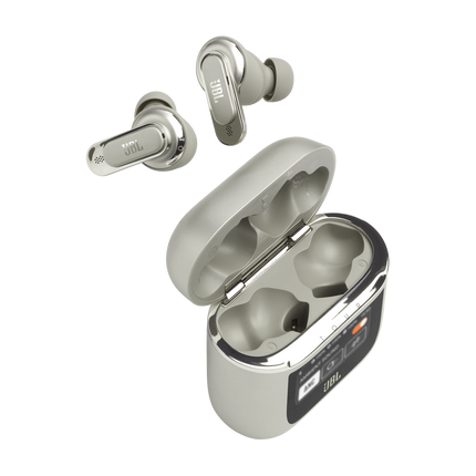Căști True Wireless JBL Tour Pro 2 Sand, căștile scoase lângă carcasa deschisă