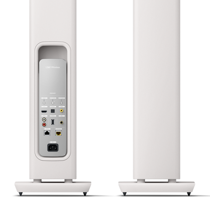KEF LS60 Wireless, finisaj Mineral White, detaliu față și spate