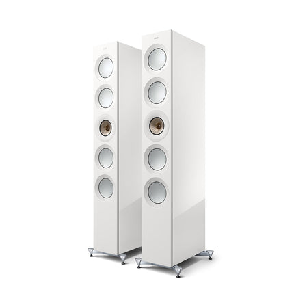 KEF Reference 5 Meta, finisaj High Gloss White / Champagne, vedere din față și lateral