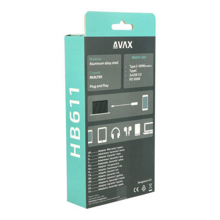 AVAX HB611 CONNECT+ 5in1 HUB Type C-HDMI(4k60Hz), Type C, 2xUSB 3.0, PD 100W HUB