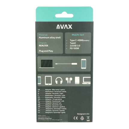 AVAX HB611 CONNECT+ 5in1 HUB Type C-HDMI(4k60Hz), Type C, 2xUSB 3.0, PD 100W HUB