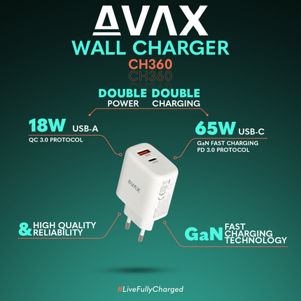 Incarcator AVAX CH360, SPEEDY 65W GaN USB A (QC)