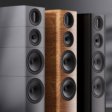 Wharfedale Elysian 4R — cele trei finisaje Grey, Walnut si Black