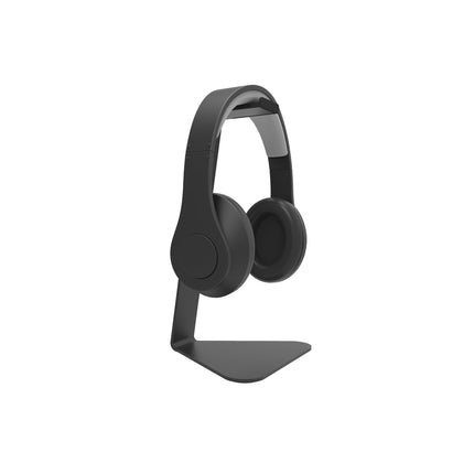 Suport de căști Kanto Audio H1, negru, cu o pereche de căști așezată pe leagăn