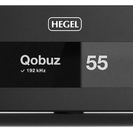 Panoul frontal al Hegel H150 negru: butonul Source, afișajul OLED, butonul Volume și ieșirea de căști