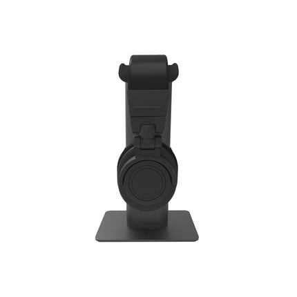 Suport de căști Kanto Audio H2, negru, văzut din profil, cu căști